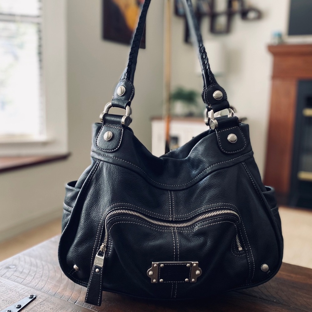 b. makowsky Black Leather Shoulder Bag with Silver Hardware